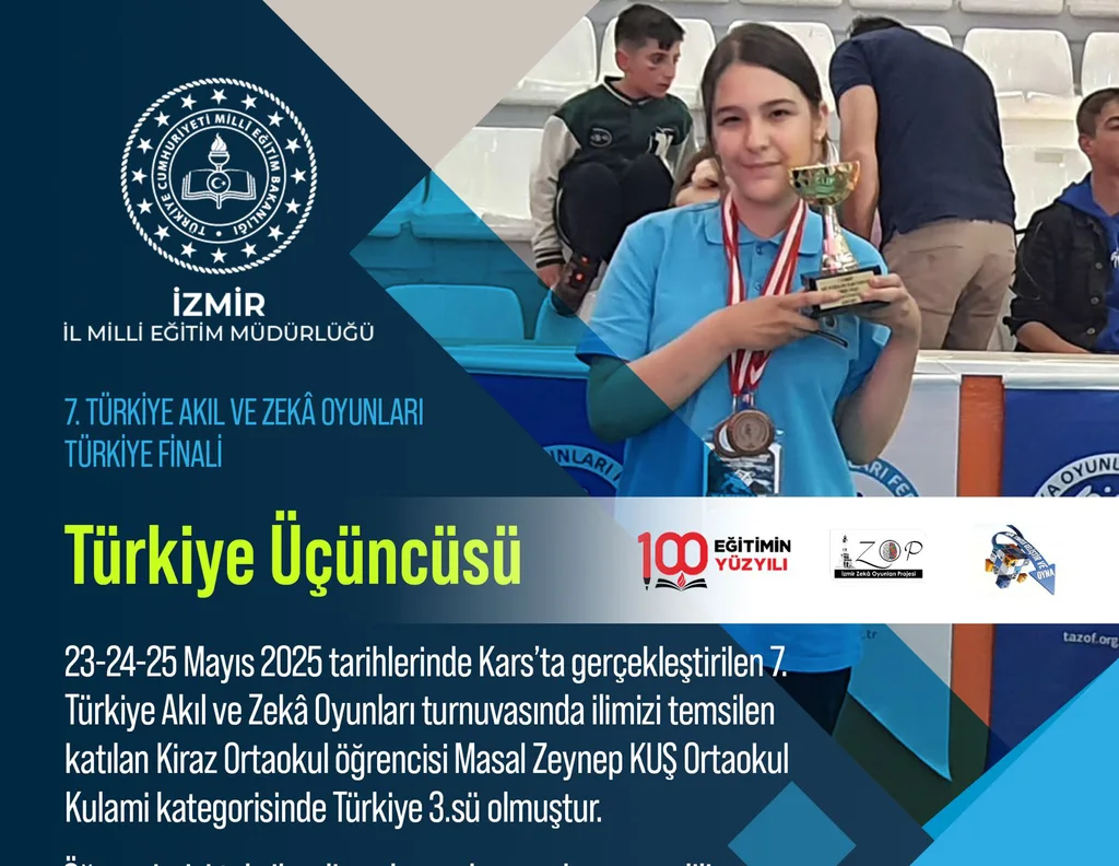 Kiraz Ortaokulu öğrencisi Türkiye üçüncüsü oldu