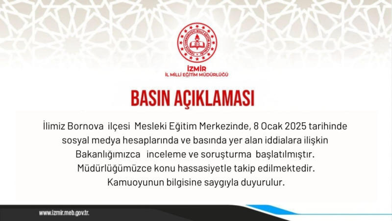 İzmir İl Milli Eğitim Müdürlüğü'nden Mesleki Eğitim Merkezi iddialarına ilişkin basın açıklaması!